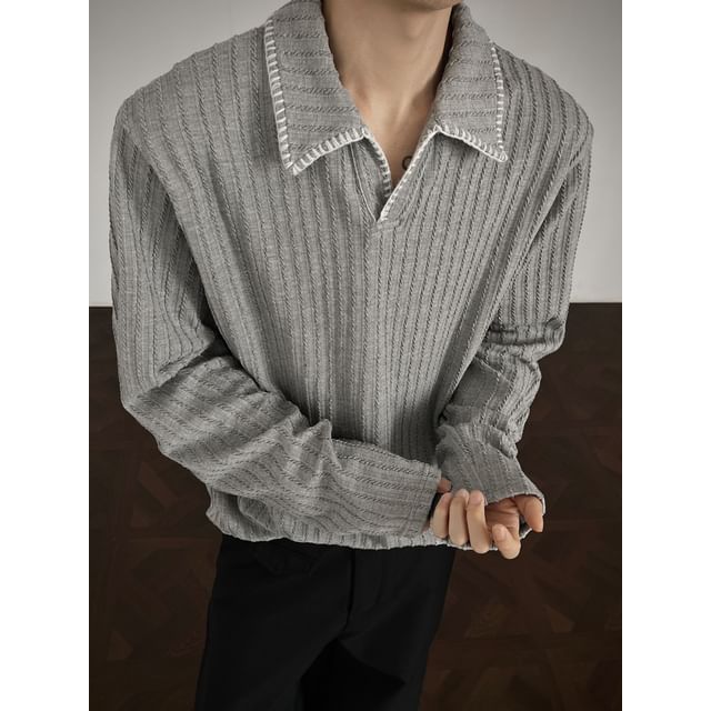 Ninine-Collared Plain Ribbed Knit Polo Shirt