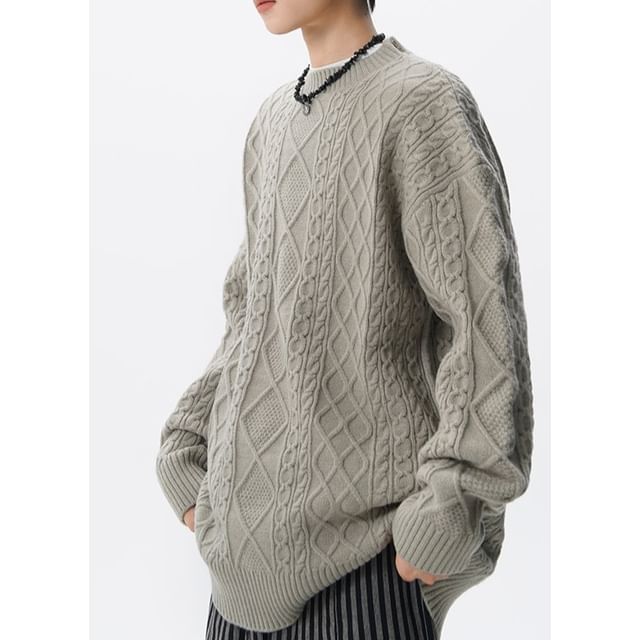 Ninine-Crew Neck Plain Cable Knit Sweater