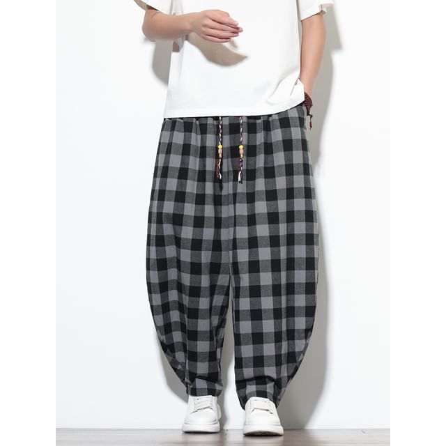 Ninine-Drawstring Waist Buffalo Check Baggy Pants