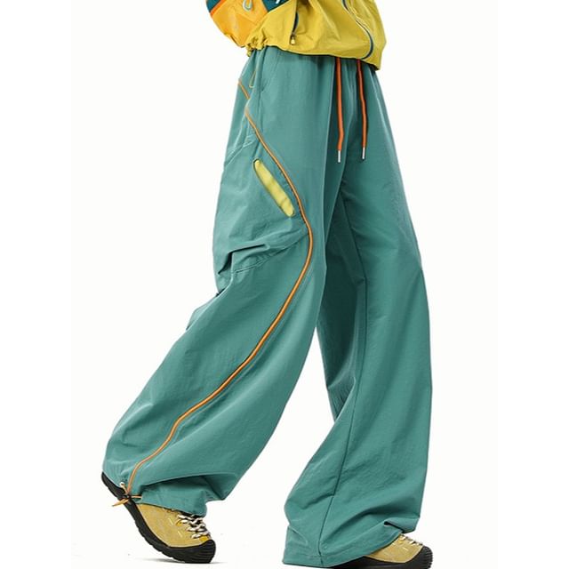 Ninine-Drawstring Waist Color Block Straight Leg Cargo Pants
