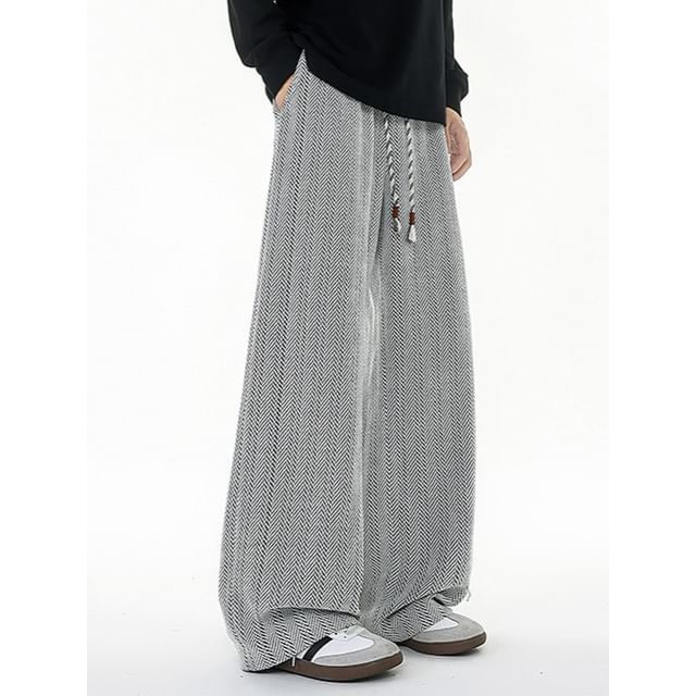 Ninine-Drawstring Waist Herringbone Straight Leg Pants