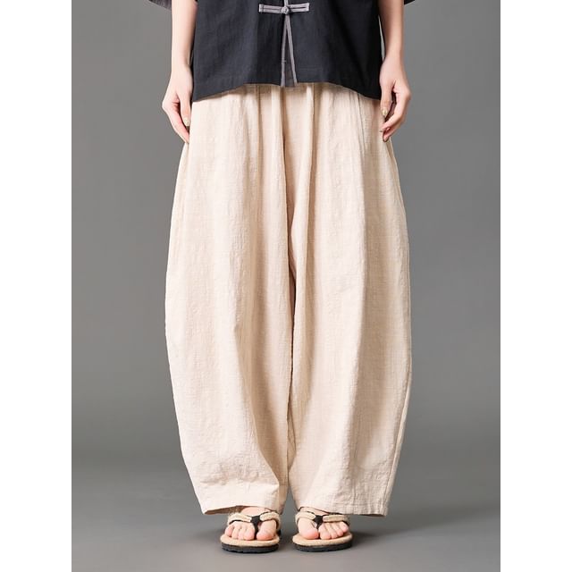 Ninine-Drawstring Waist Plain Baggy Pants