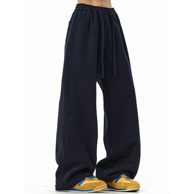 Ninine-Drawstring Waist Plain Baggy Sweatpants