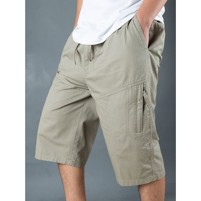 Ninine-Drawstring Waist Plain Capri Loose Fit Cargo Pants