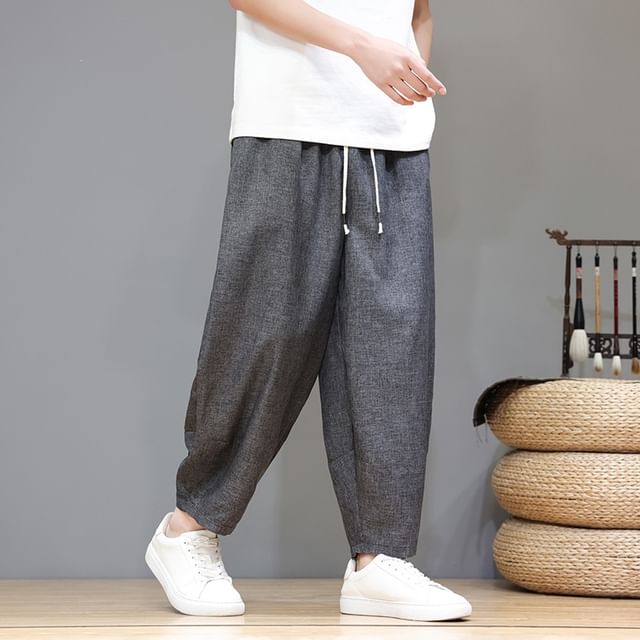Ninine-Drawstring Waist Plain Crop Harem Pants