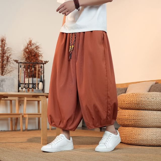 Ninine-Drawstring Waist Plain Crop Harem Pants