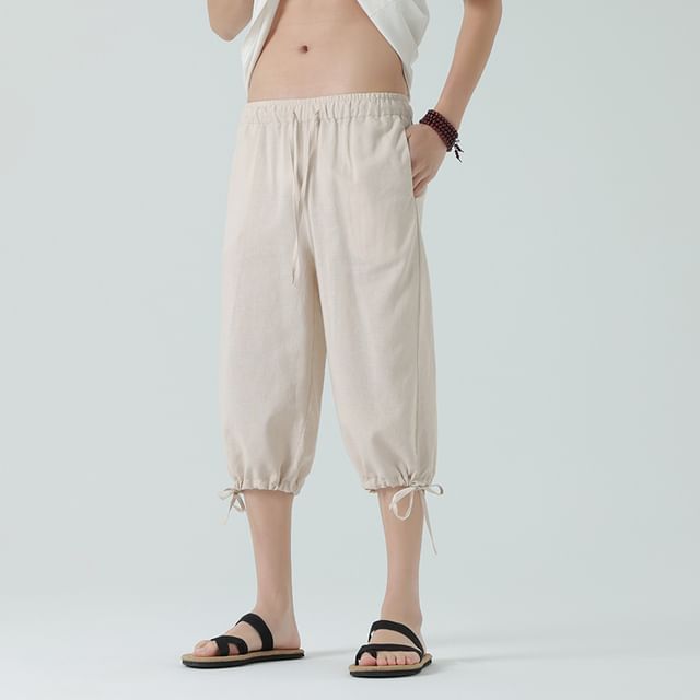Ninine-Drawstring Waist Plain Drawstring Capri Straight Leg Pants