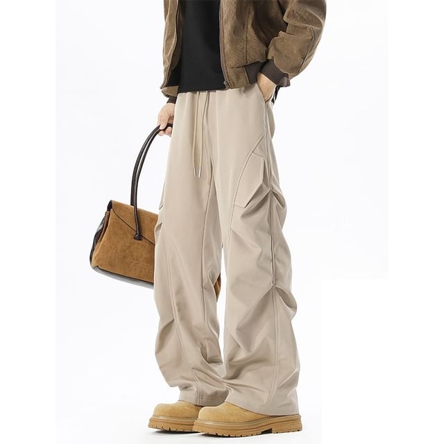 Ninine-Drawstring Waist Plain Fleece Lined Wide Leg Pants