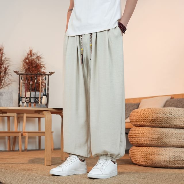 Ninine-Drawstring Waist Plain Linen Harem Pants