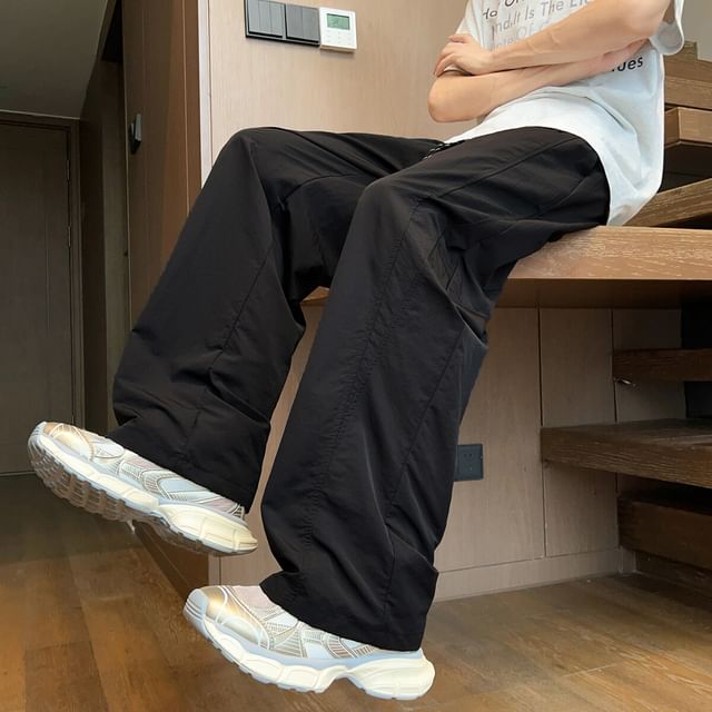 Ninine-Drawstring Waist Plain Panel Straight Leg Track Pants