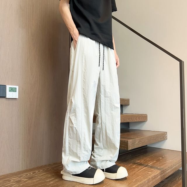 Ninine-Drawstring Waist Plain Panel Straight Leg Track Pants
