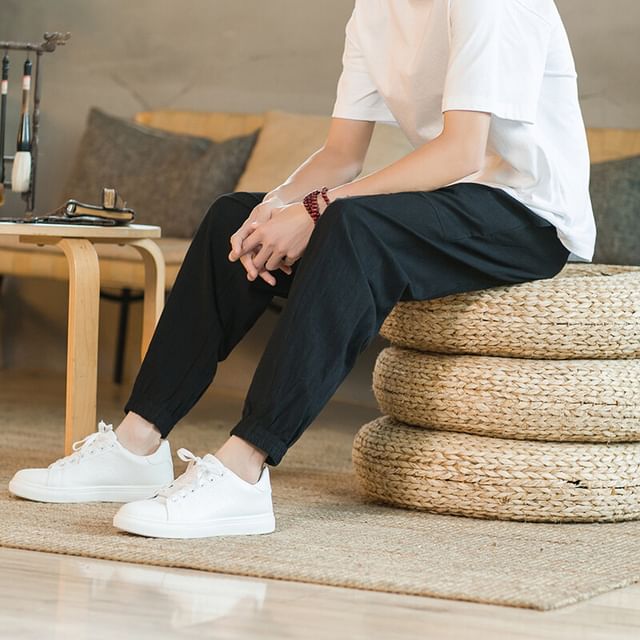Ninine-Drawstring Waist Plain Panel Tapered Pants