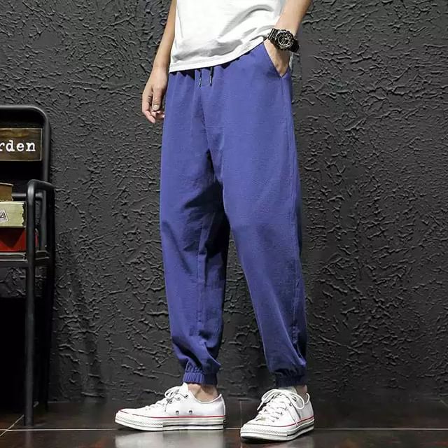 Ninine-Drawstring Waist Plain Straight Leg Pants
