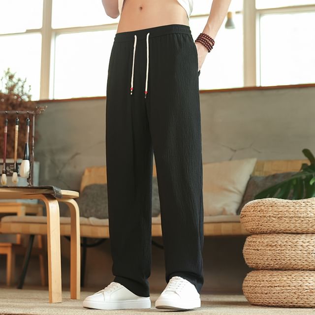 Ninine-Drawstring Waist Plain Straight Leg Pants