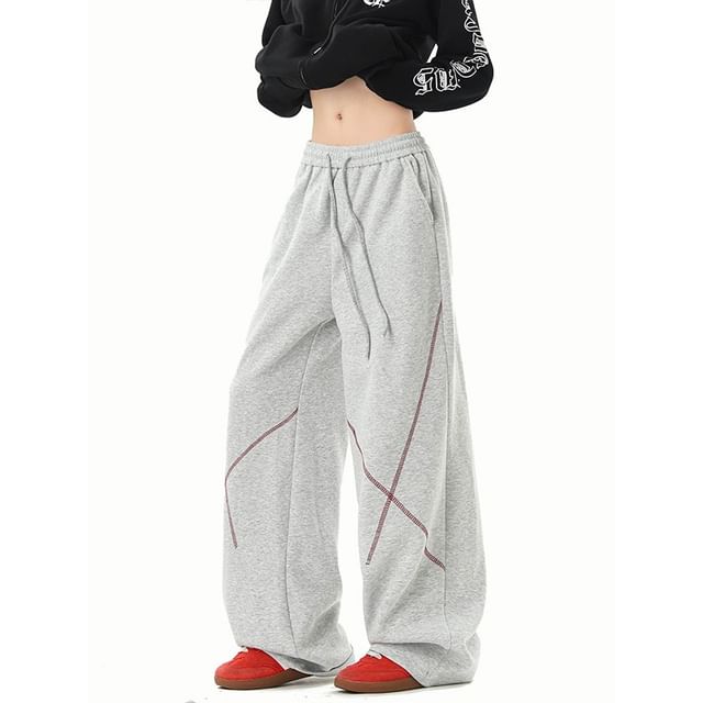Ninine-Drawstring Waist Plain Wide Leg Pants