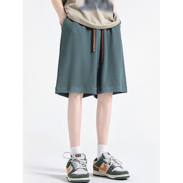 Ninine-Drawstring Waist Plain Wide Leg Shorts