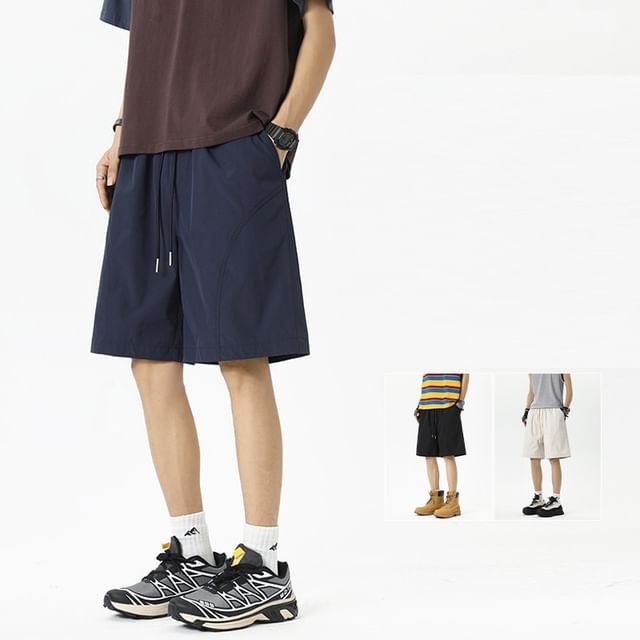 Ninine-Drawstring Waist Plain Wide Leg Shorts