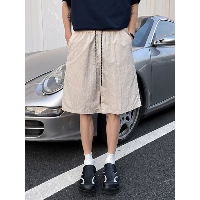 Ninine-Drawstring Waist Plain Wide Leg Shorts
