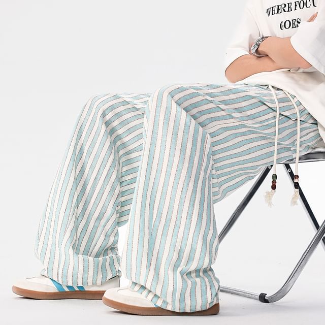 Ninine-Drawstring Waist Striped Wide Leg Pants