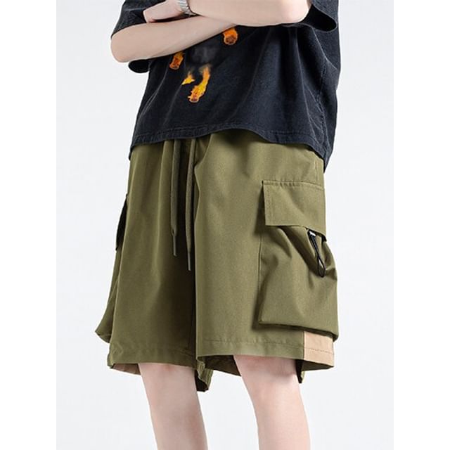 Ninine-Drawstring Waist Two Tone Wide Leg Cargo Shorts