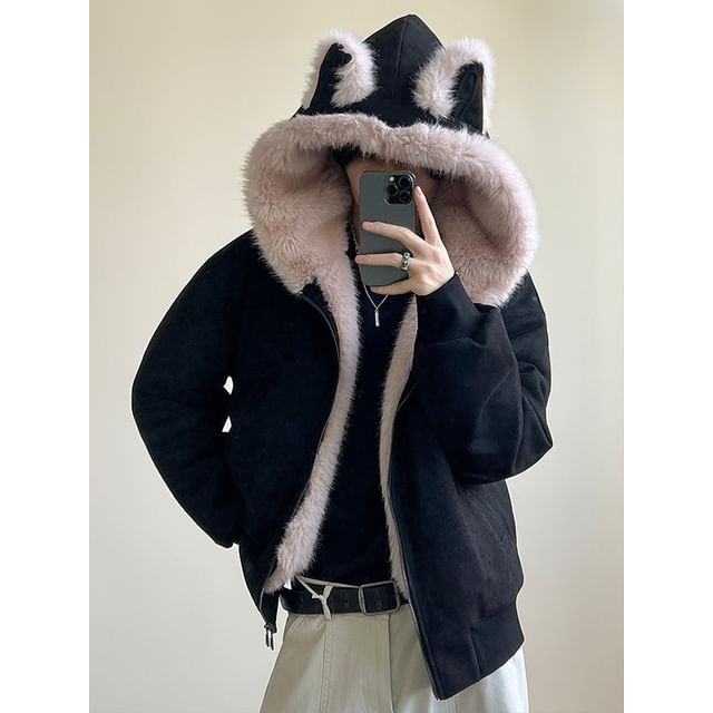Ninine-Ear Hooded Plain Fluffy Lined Zip Jacket