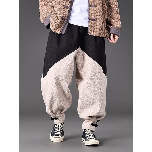 Ninine-Elastic Waist Fleece Panel Harem Pants