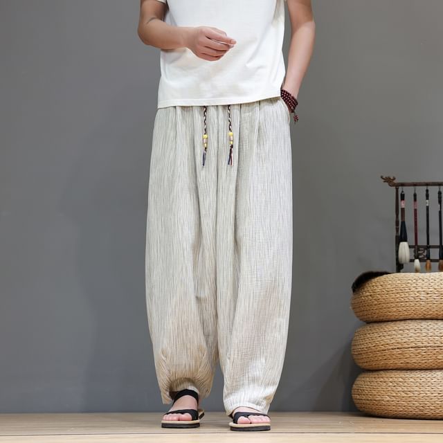 Ninine-Elastic Waist Plain Striped Harem Pants
