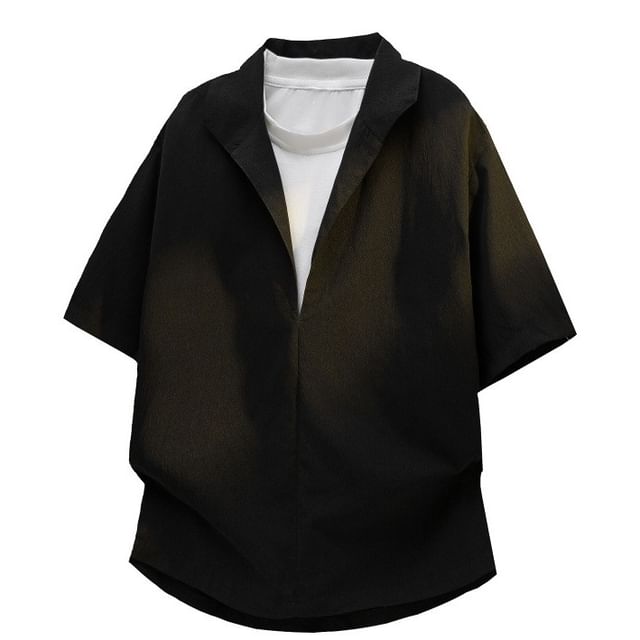 Ninine-Elbow-Sleeve Collared Mock Two Piece Shirt