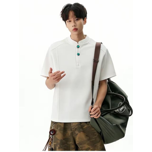 Ninine-Elbow-Sleeve Stand Collar Plain T-Shirt