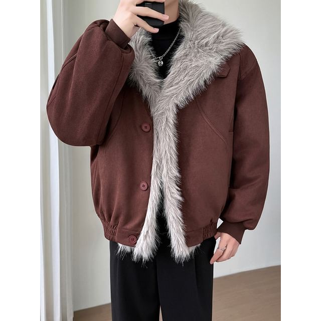 Ninine-Fluffy Collar Plain Faux Suede Button Up Jacket