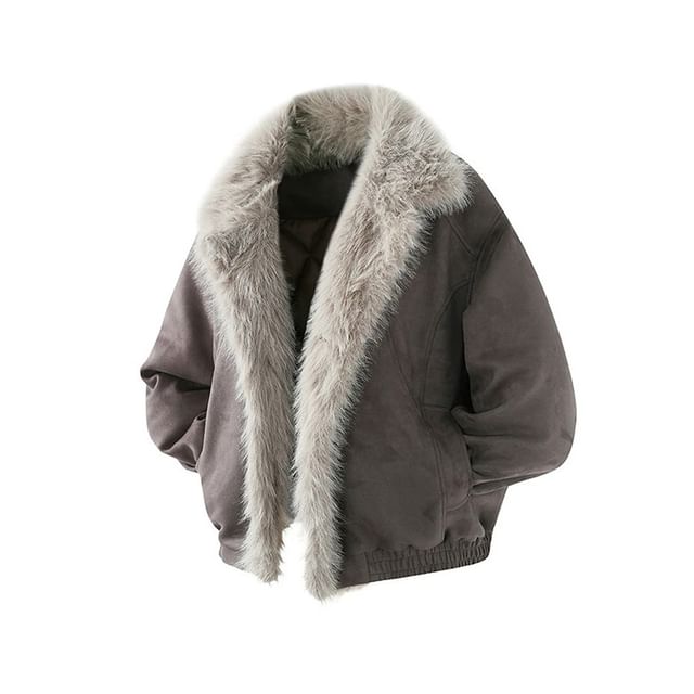 Ninine-Fluffy Stand Collar Faux Leather Jacket