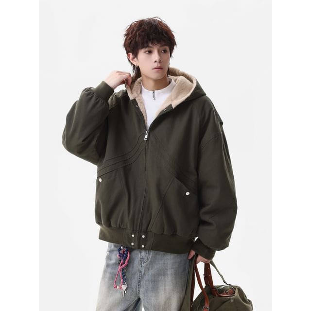 Ninine-Hooded Drop Shoulder Plain Zip Jacket