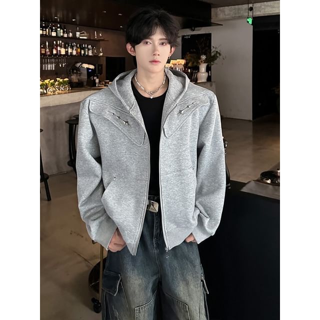 Ninine-Hooded Plain Zip Jacket