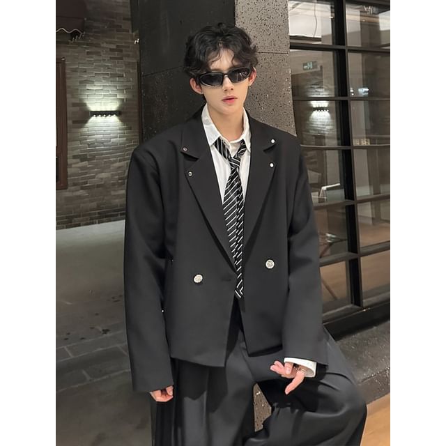 Ninine-Lapel Collar Plain Double Breasted Blazer