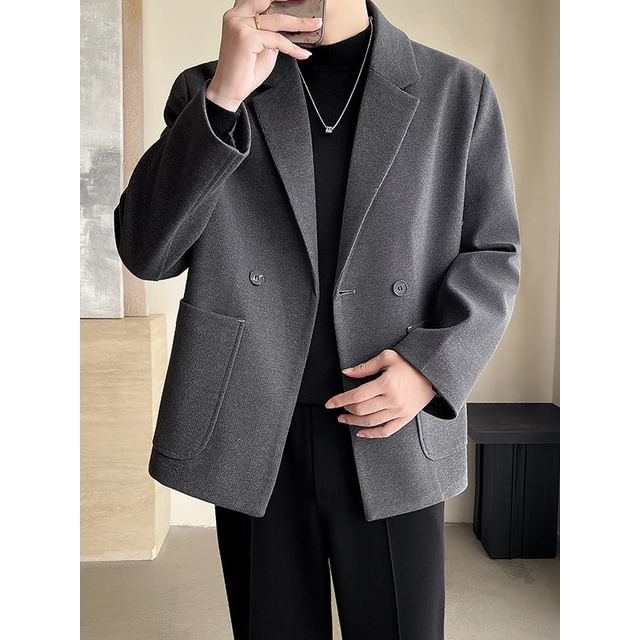 Ninine-Lapel Collar Plain Double Breasted Blazer