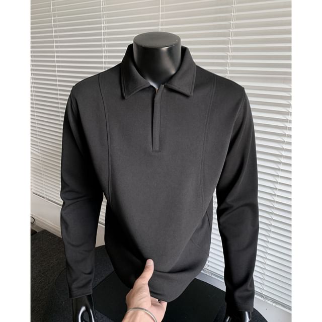 Ninine-Long-Sleeve Half Zip Plain Polo Shirt
