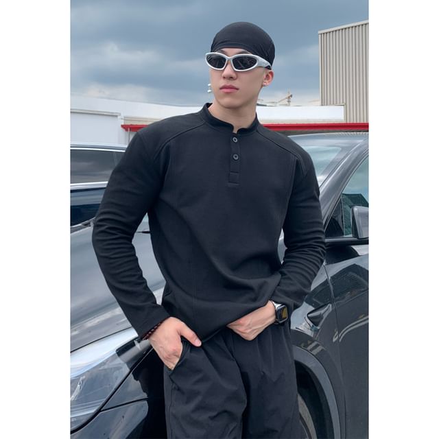Ninine-Long-Sleeve Henley Plain T-Shirt