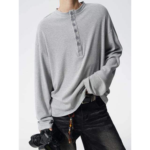 Ninine-Long Sleeve Henley Plain T-Shirt