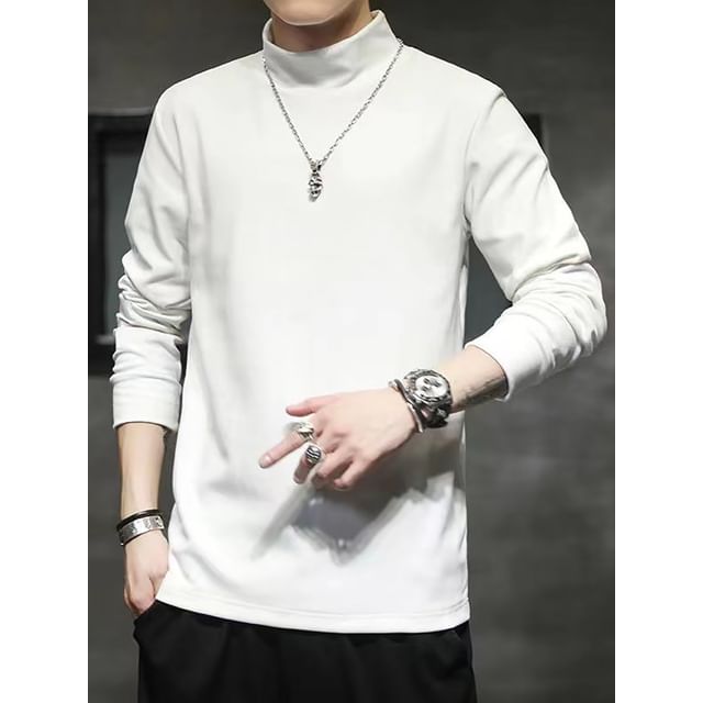 Ninine-Long-Sleeve Mock Neck Plain T-Shirt