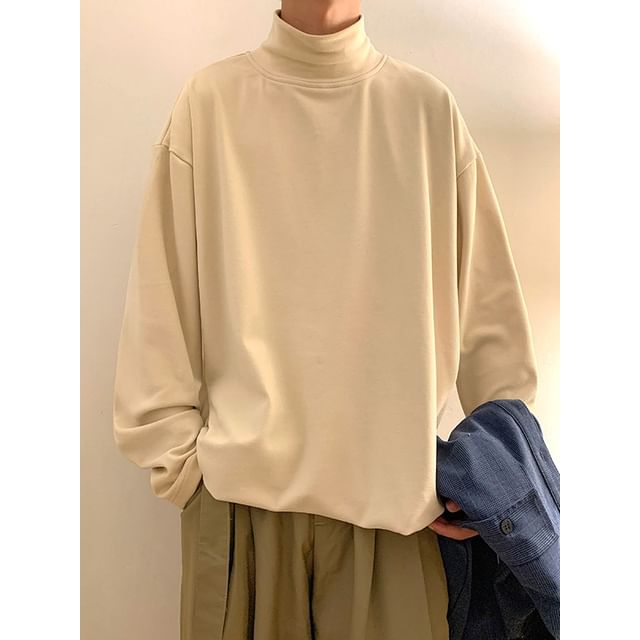Ninine-Long Sleeve Mock Neck Plain Top