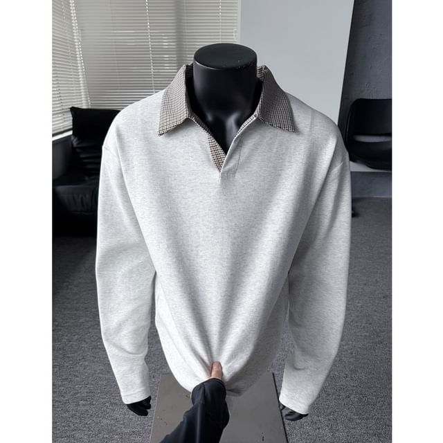 Ninine-Long-Sleeve Plaid Panel Polo Shirt
