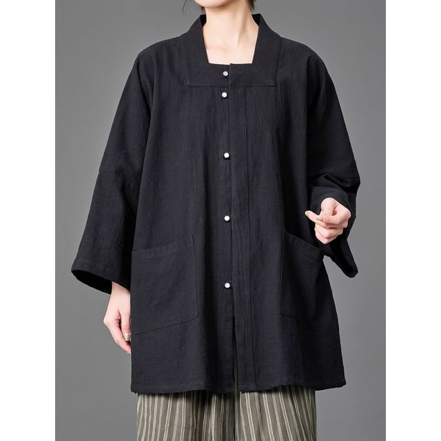 Ninine-Long-Sleeve Square Neck Button-Up Plain Shirt
