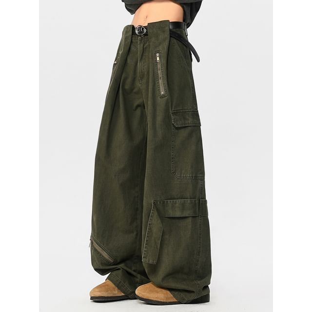 Ninine-Mid Rise Plain Wide Leg Cargo Pants