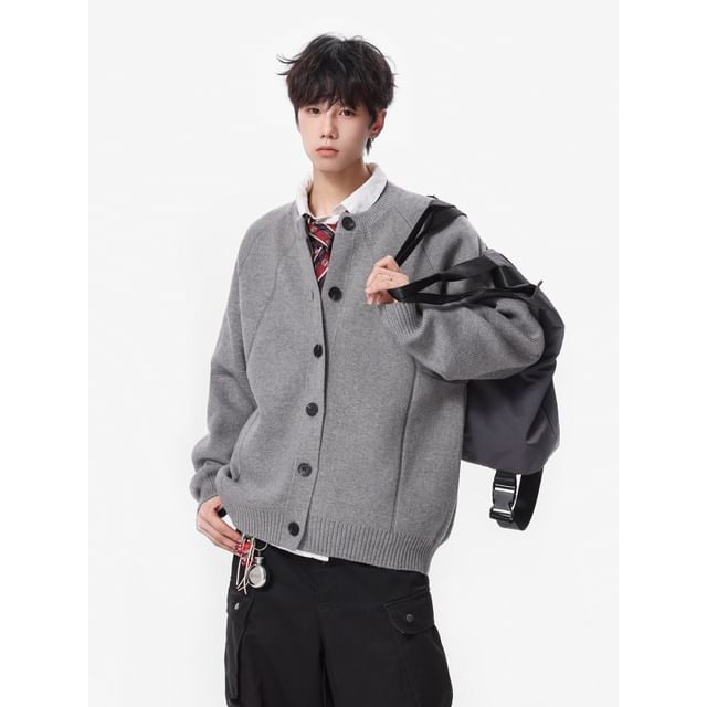 Ninine-Round Neck Plain Button Up Cardigan