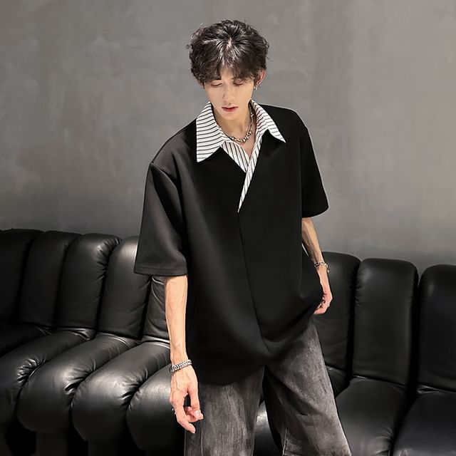 Ninine-Short Sleeve Collared Striped Mock Two Piece Top
