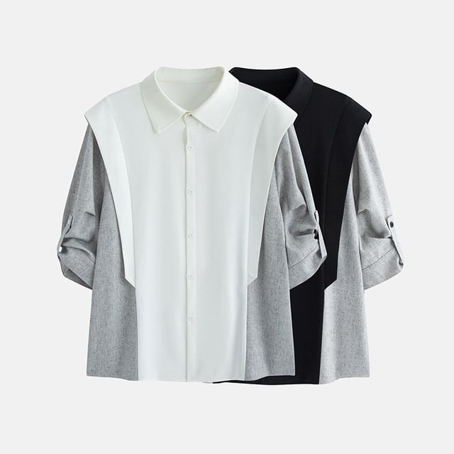 Ninine-Short-Sleeve Two Tone Shirt