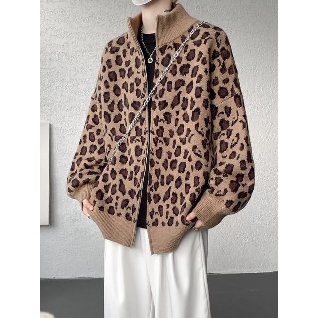 Ninine-Stand Collar Drop Shoulder Leopard Print Zip Cardigan