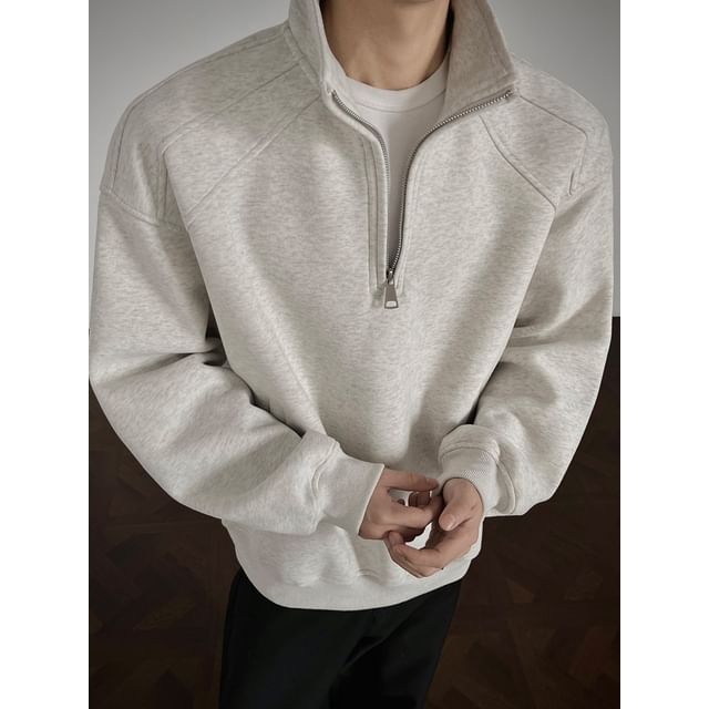 Ninine-Stand Collar Plain Half Zip Sweatshirt