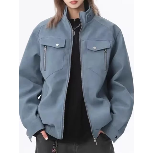 Ninine-Stand Collar Plain Panel Faux Leather Zip Jacket