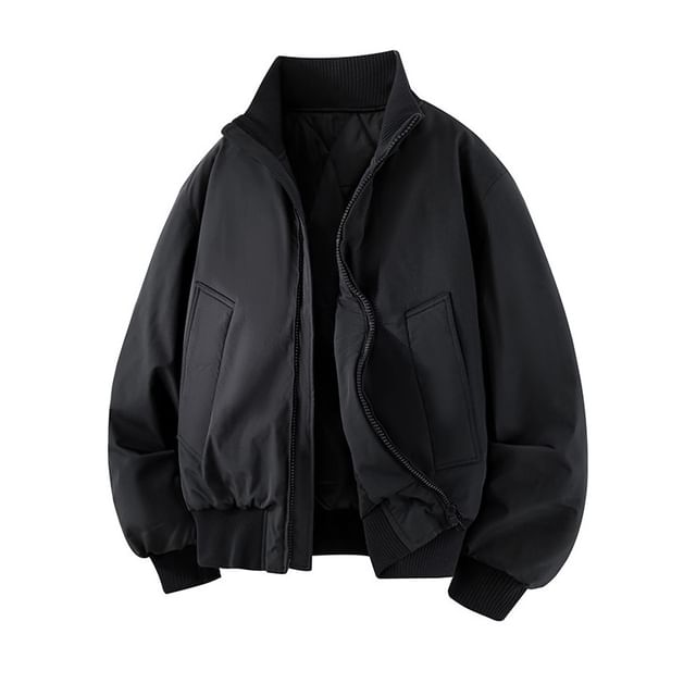 Ninine-Stand Collar Plain Zip Bomber Jacket